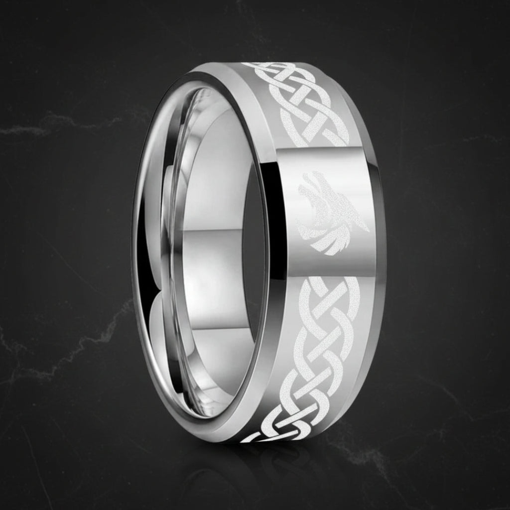 Celtic Knot & Wolf Tungsten Ring
