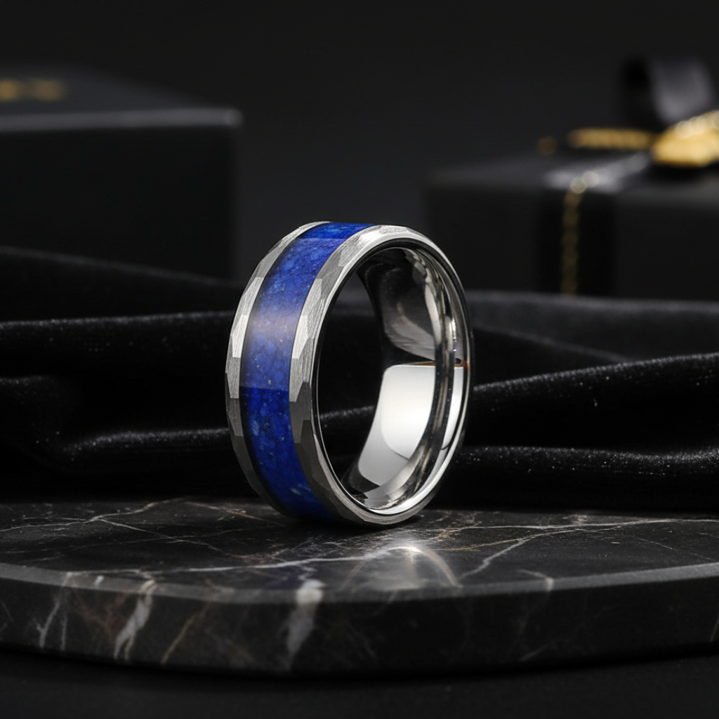 Hammered Tungsten Ring with Lapis Lazuli Inlay 