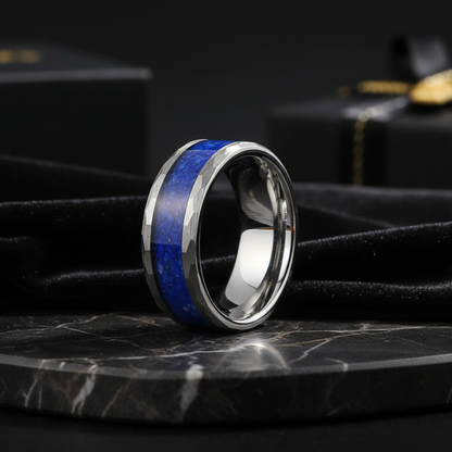 Hammered Tungsten Ring with Lapis Lazuli Inlay 