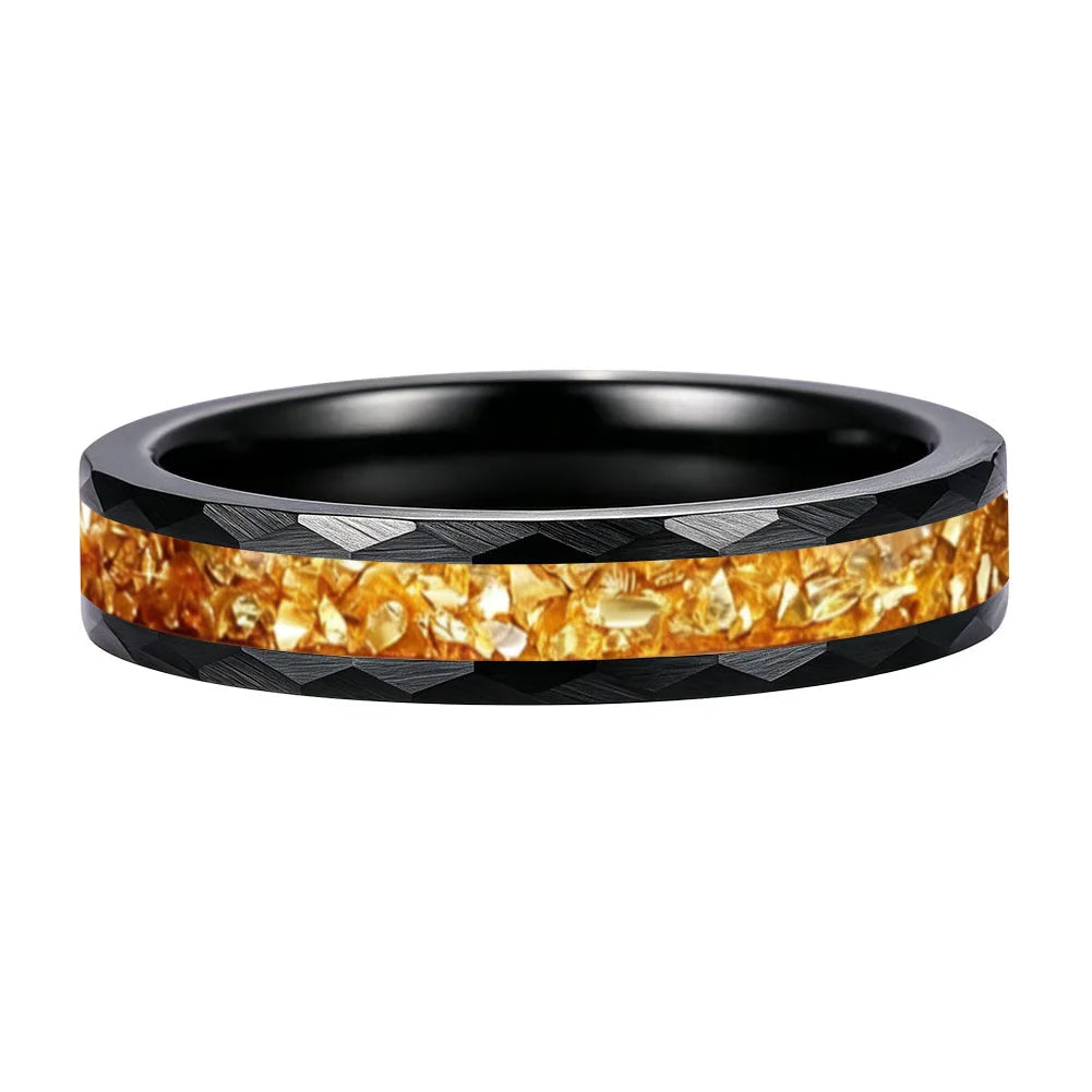 Hammered Tungsten Ring with Golden Crystal Stone Inlay