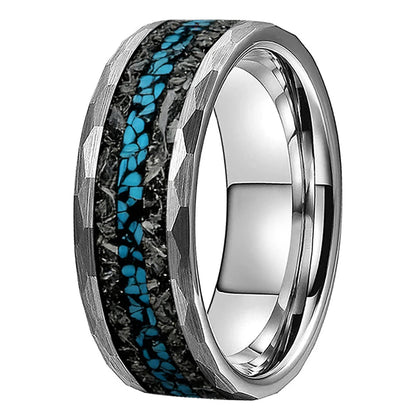 Meteorite and Opal Chip Inlay Hammered Tungsten Carbide Ring