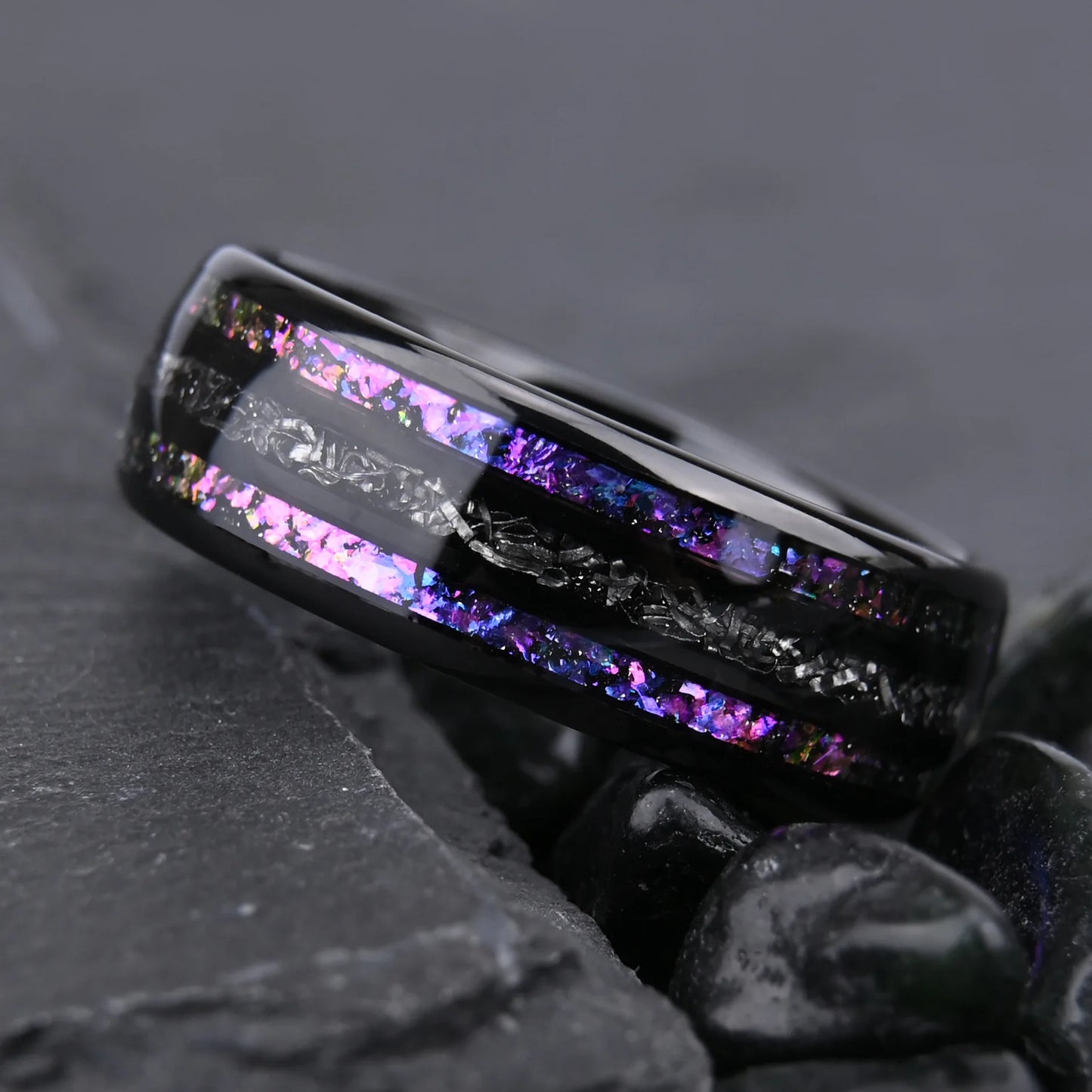 Gunmetal Black Tungsten Ring – 8mm Nebula Galaxy Inlay