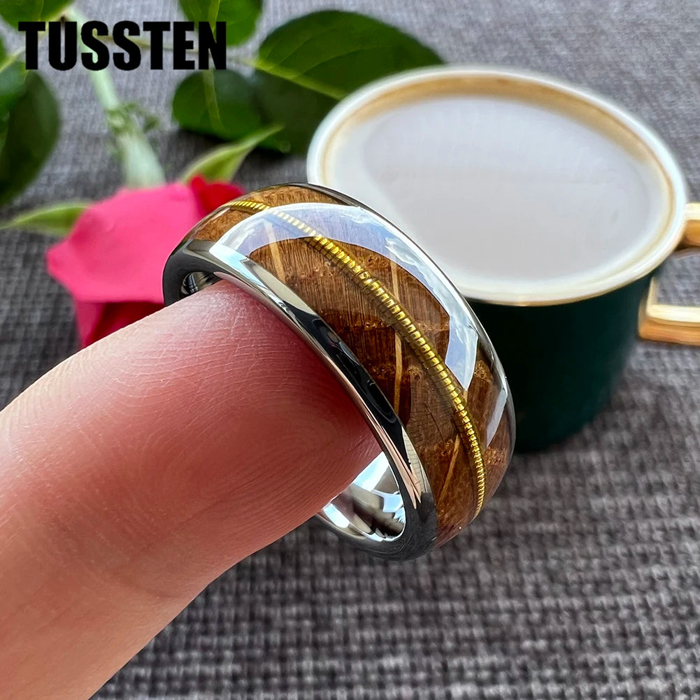 TUSSTEN 8mm Men Women Tungsten Carbide Ring Whisky Barrel Oak Wood Guitar String Inlay Bride Bridegroom Trendy Wedd