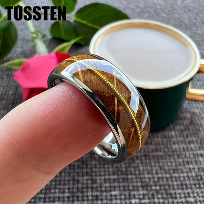 TUSSTEN 8mm Men Women Tungsten Carbide Ring Whisky Barrel Oak Wood Guitar String Inlay Bride Bridegroom Trendy Wedd