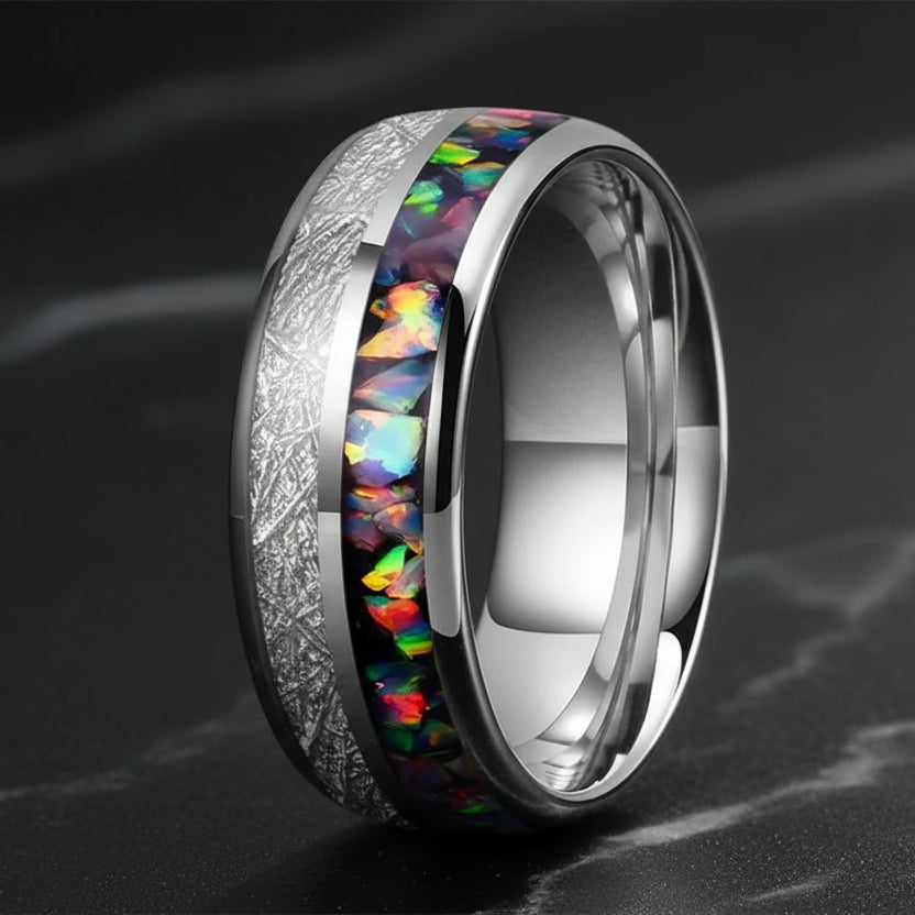 6mm & 8mm Opal & White Meteorite Tungsten Ring