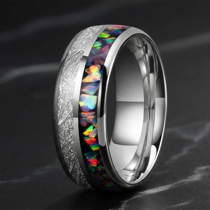 6mm & 8mm Opal & White Meteorite Tungsten Ring