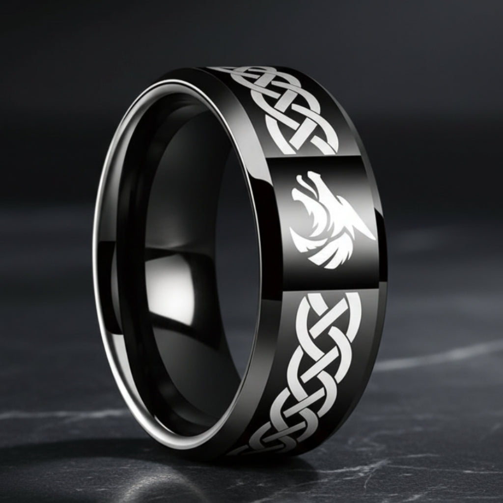 Celtic Knot & Wolf Tungsten Ring