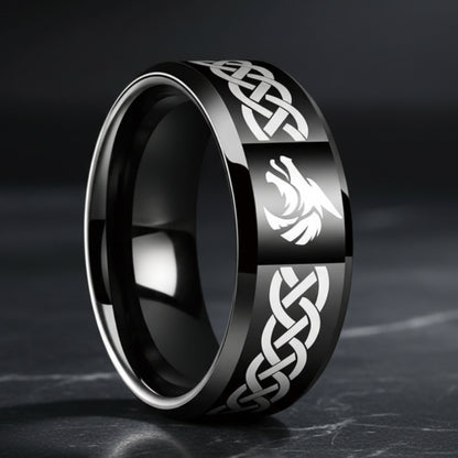 Celtic Knot & Wolf Tungsten Ring
