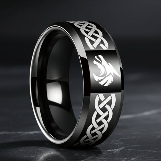 Celtic Knot & Wolf Tungsten Ring