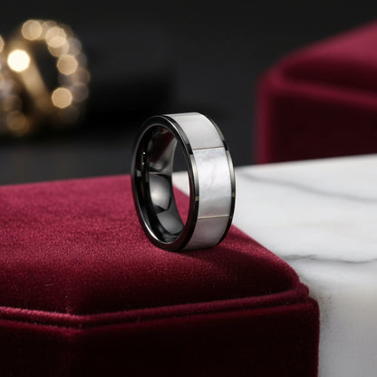 8mm Black Tungsten Ring with White Mother of Pearl Inlay