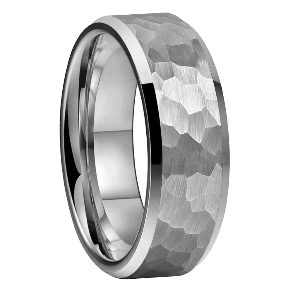 Hammered Tungsten Ring with Beveled Edges