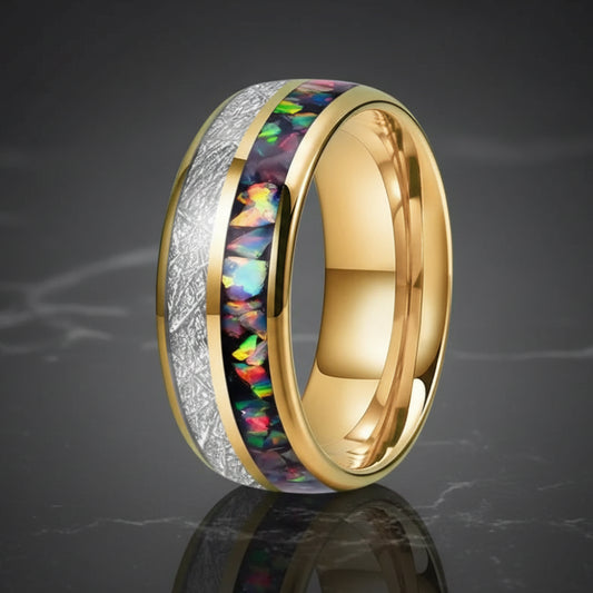 6mm & 8mm Opal & White Meteorite Tungsten Ring