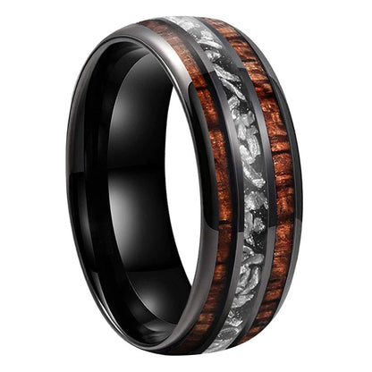 8mm Tungsten Carbide Ring – Koa Wood & Meteorite Inlay