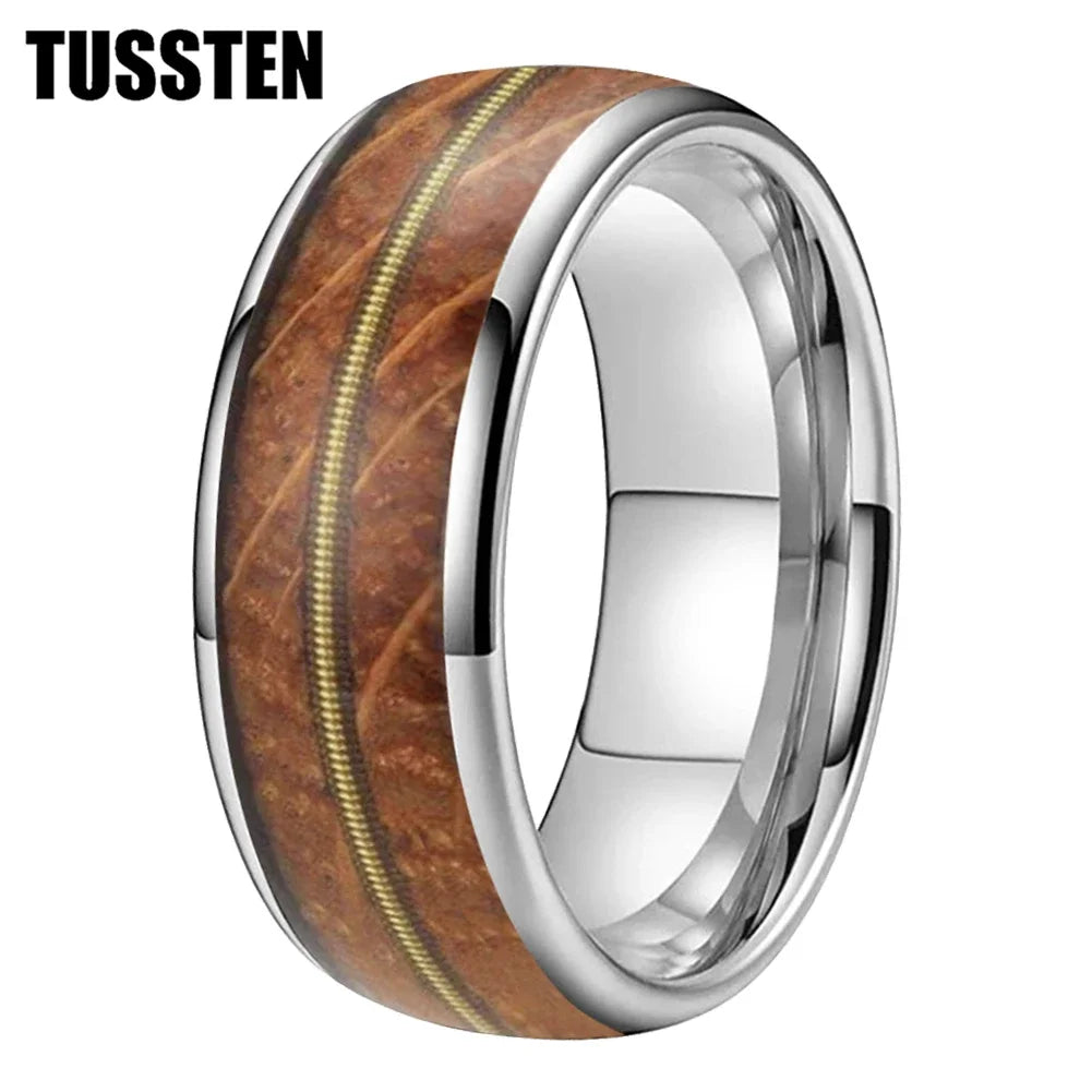 TUSSTEN 8mm Men Women Tungsten Carbide Ring Whisky Barrel Oak Wood Guitar String Inlay Bride Bridegroom Trendy Wedd