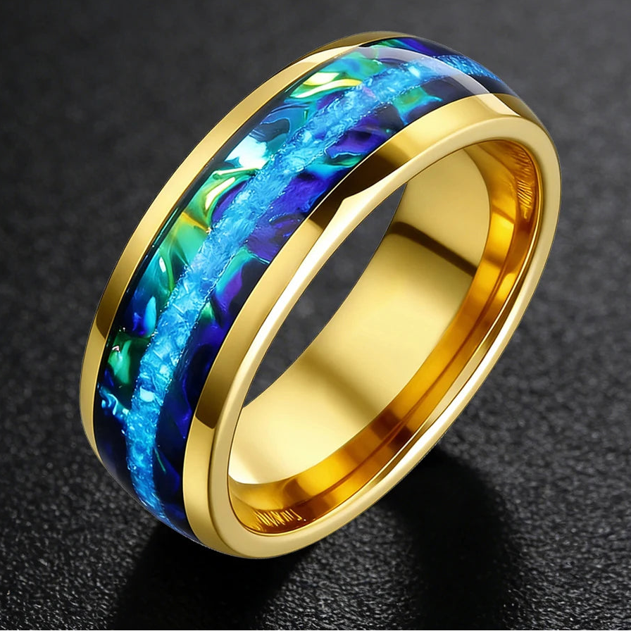 8MM Tungsten Ring with Blue Opal & Dragon Burl Inlay