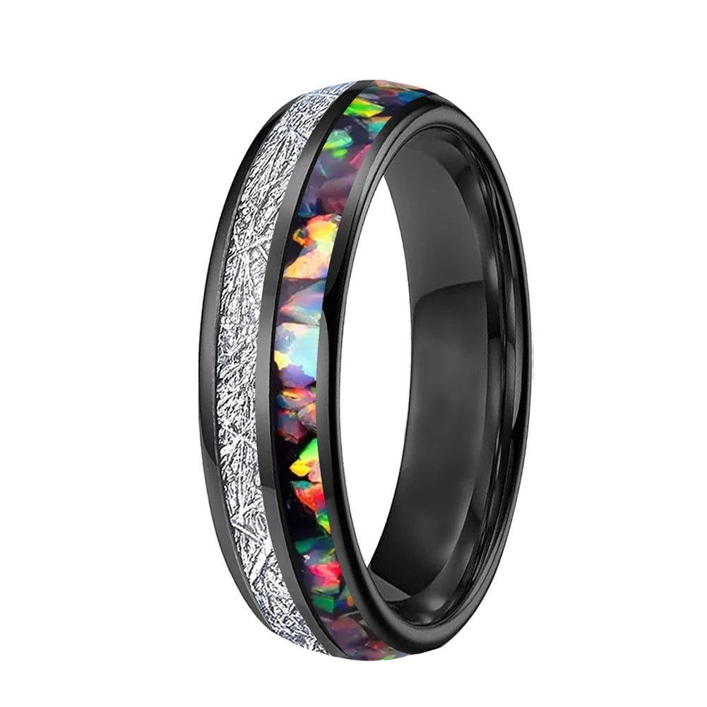6mm & 8mm Opal & White Meteorite Tungsten Ring