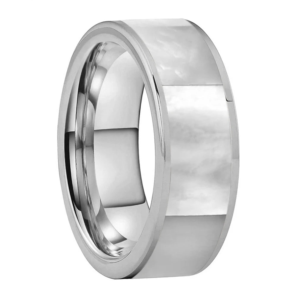 8mm Black Tungsten Ring with White Mother of Pearl Inlay