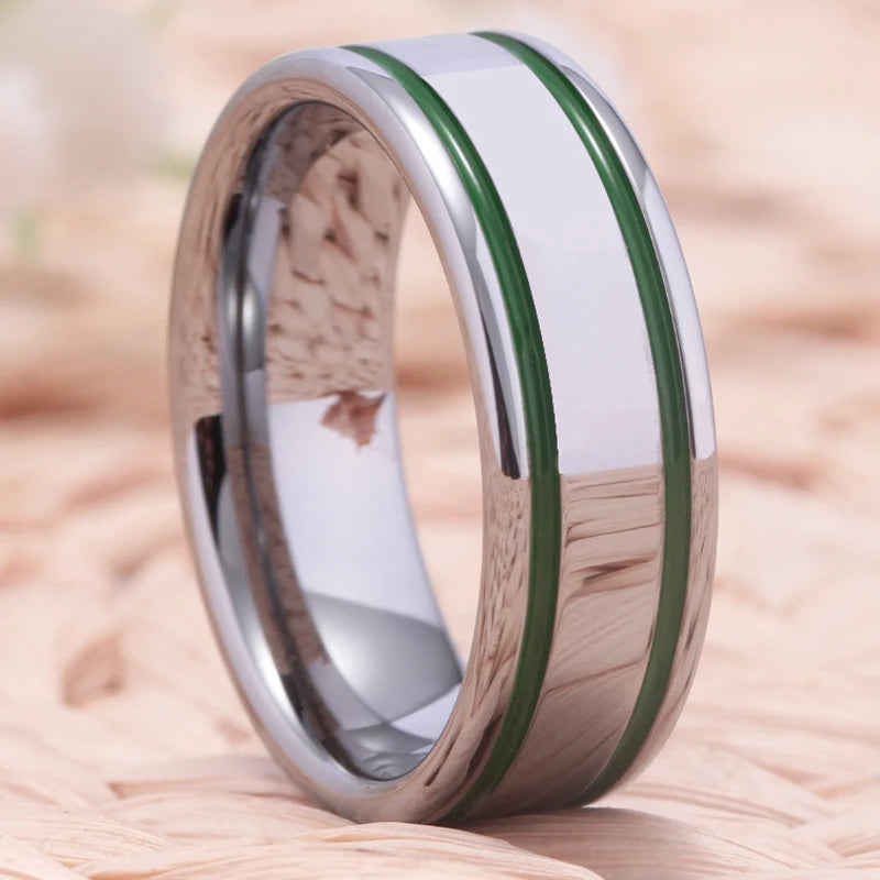 Silver Pipe With 2 Green Lines Tungsten Ring