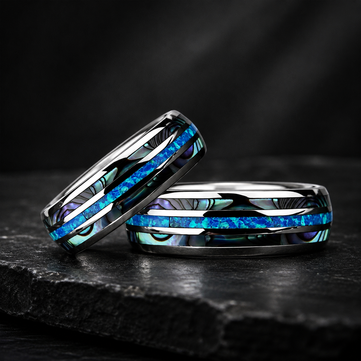 Silver Tungsten Ring with Abalone Shell