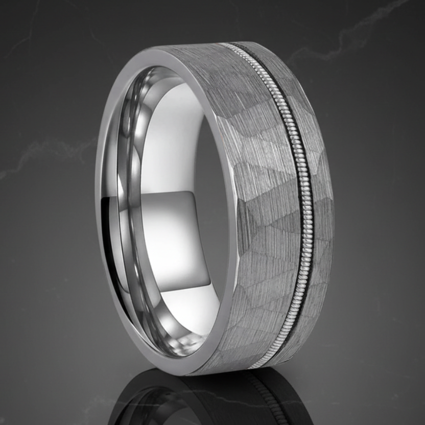 Silver Hammered Tungsten Wedding Band with Guitar String Inlay