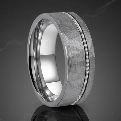 Silver Hammered Tungsten Wedding Band with Guitar String Inlay