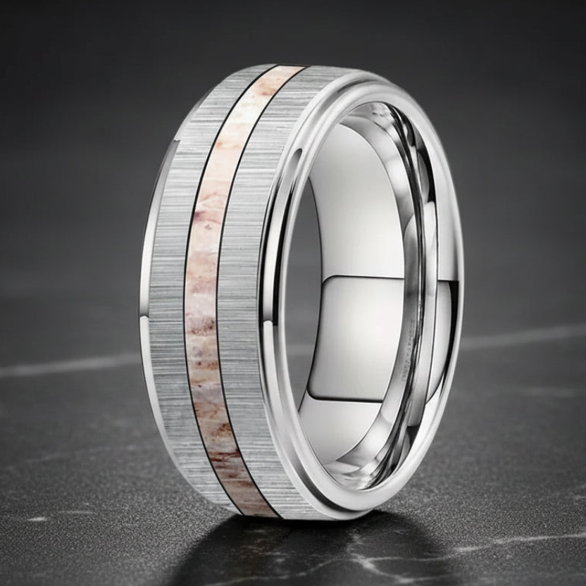 Silver Tungsten Ring 8mm – Zebra Wood & Antler Inlay