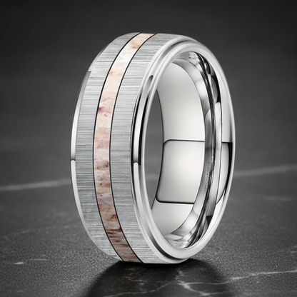 Silver Tungsten Ring 8mm – Zebra Wood & Antler Inlay
