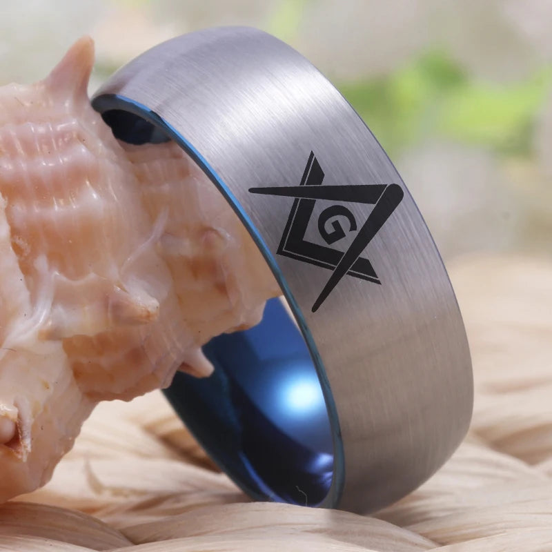 Silver with Blue Tungsten Masonic Ring