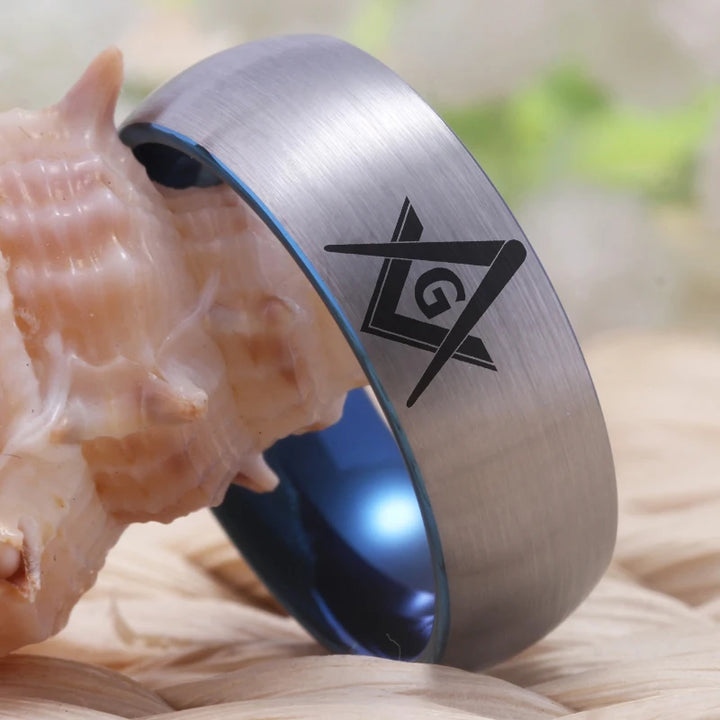 Silver with Blue Tungsten Masonic Ring