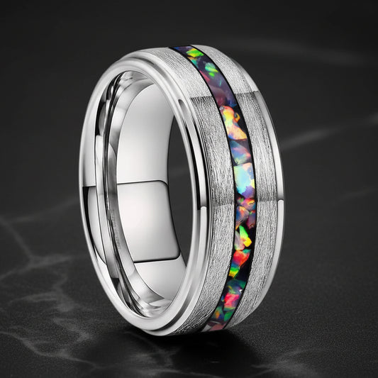 Silver Brushed Opal Tungsten Ring