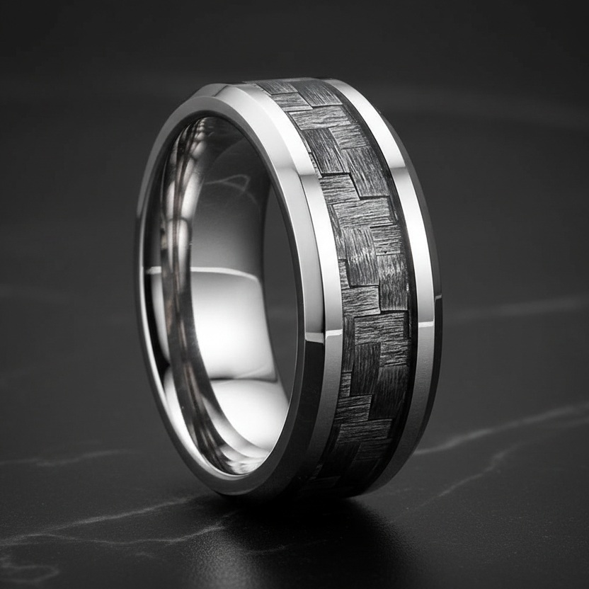 Silver Tungsten &amp; Grey Carbon Fiber Ring
