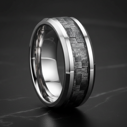 Silver Tungsten &amp; Grey Carbon Fiber Ring