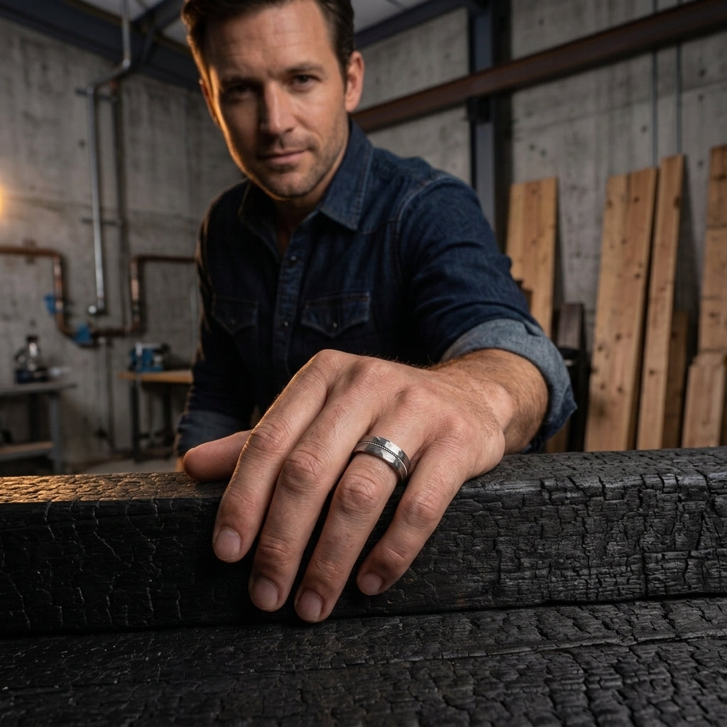 Silver Hammered Tungsten Wedding Band with Guitar String Inlay