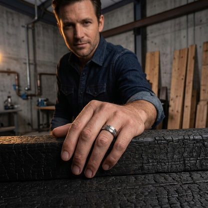 Silver Hammered Tungsten Wedding Band with Guitar String Inlay