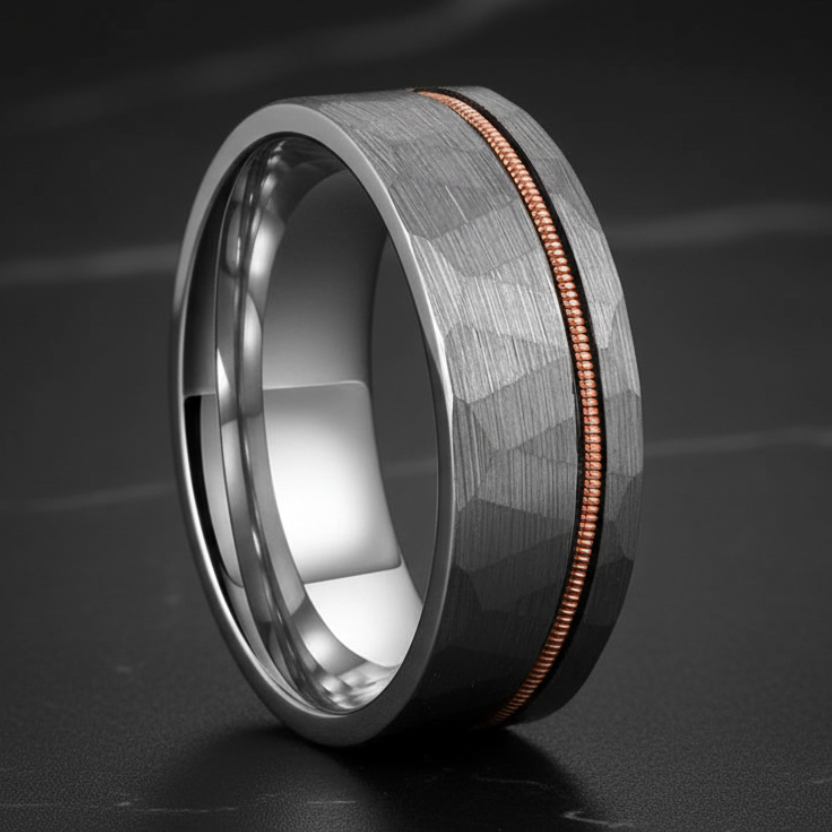 Silver Hammered Tungsten Wedding Band with Guitar String Inlay