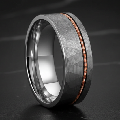 Silver Hammered Tungsten Wedding Band with Guitar String Inlay