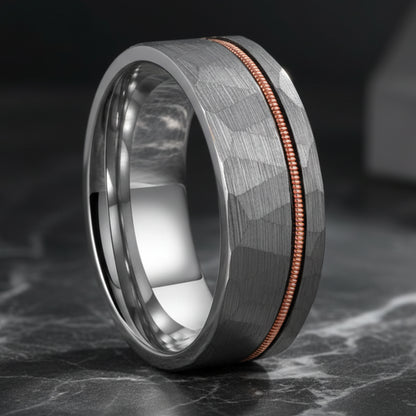 Silver Hammered Tungsten Wedding Band with Guitar String Inlay