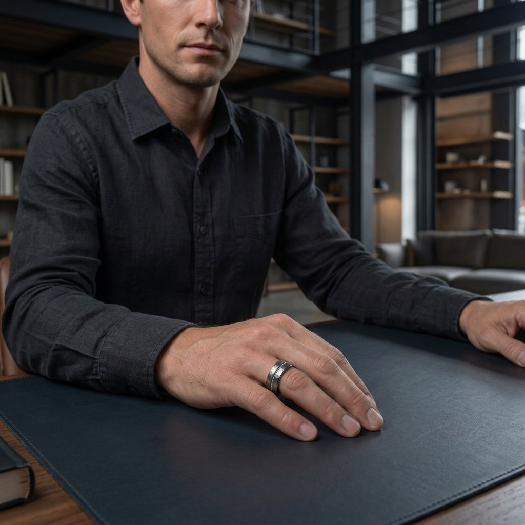 Silver Hammered Tungsten Wedding Band with Guitar String Inlay