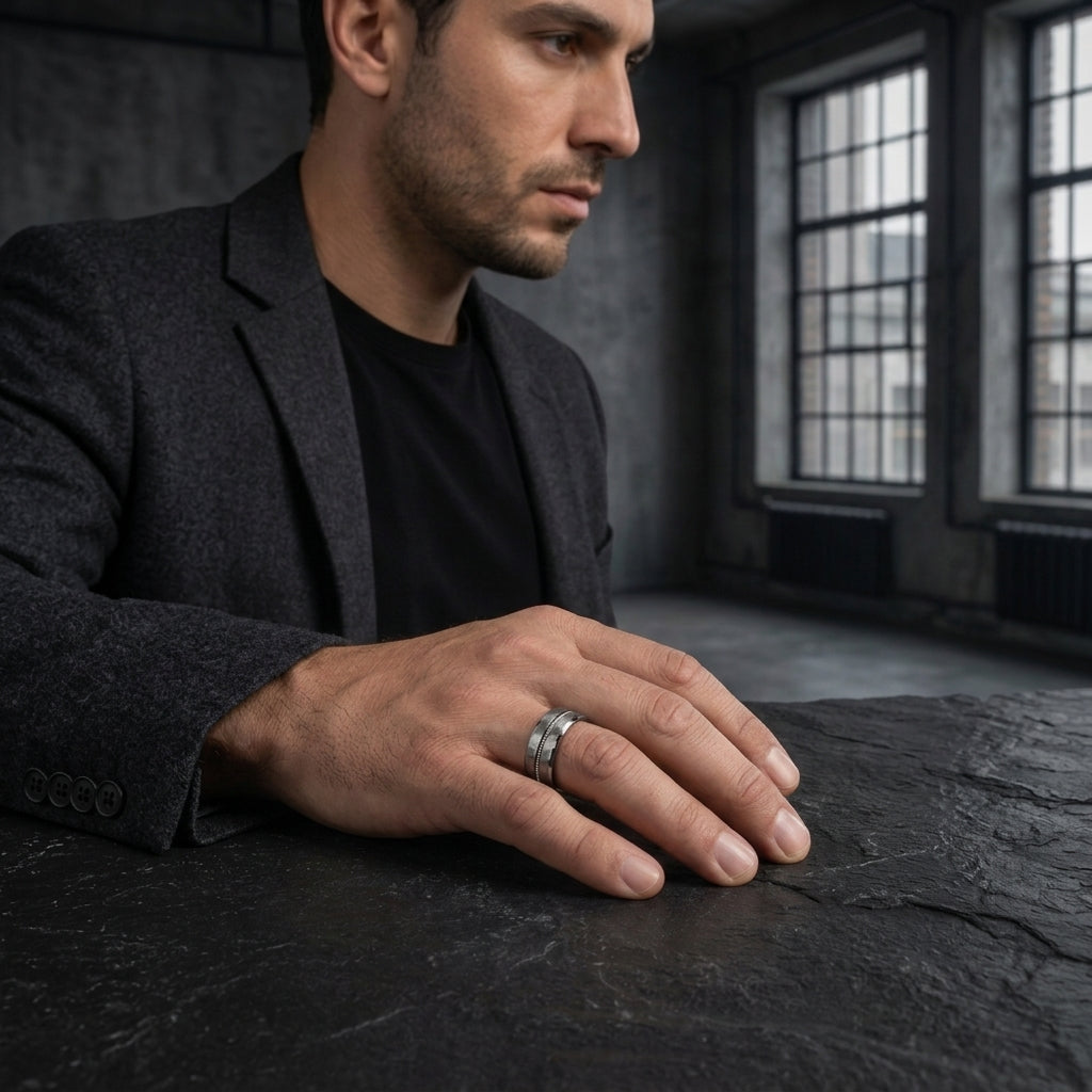 Silver Hammered Tungsten Wedding Band with Guitar String Inlay