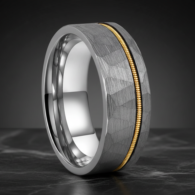 Silver Hammered Tungsten Wedding Band with Guitar String Inlay