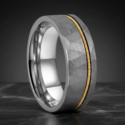 Silver Hammered Tungsten Wedding Band with Guitar String Inlay