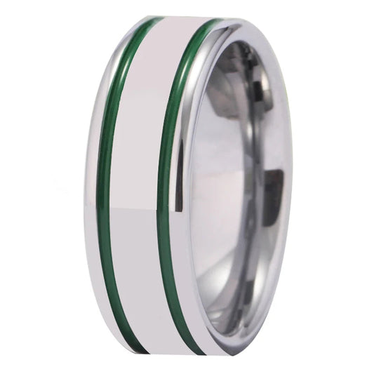 Silver Pipe With 2 Green Lines Tungsten Ring