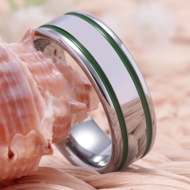 Silver Pipe With 2 Green Lines Tungsten Ring