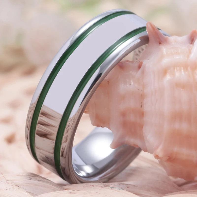 Silver Pipe With 2 Green Lines Tungsten Ring