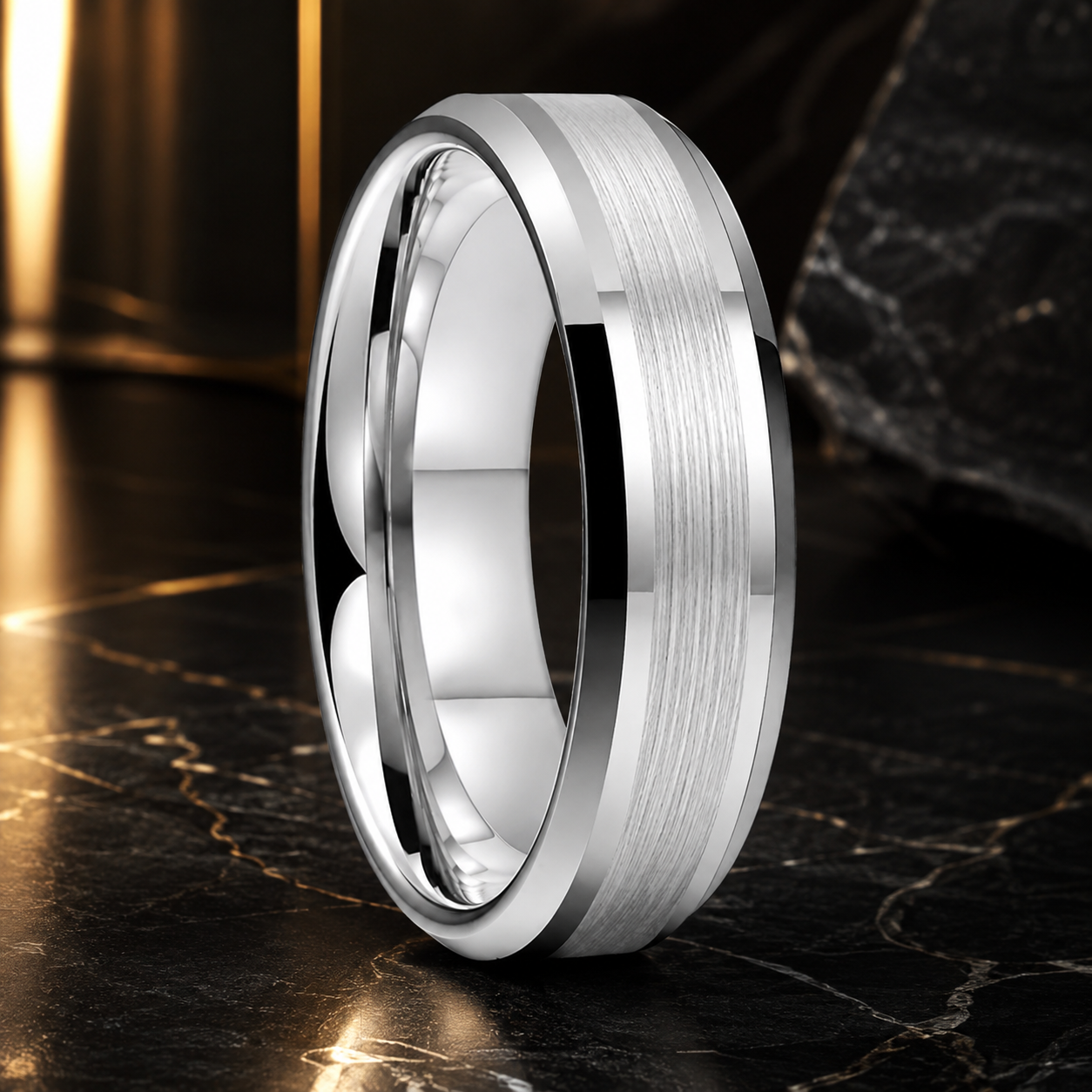 Silver Polished Tungsten Engagement Ring