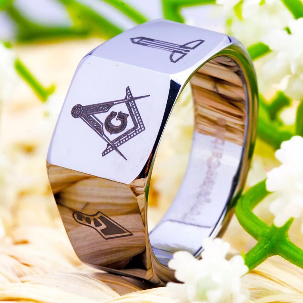Silver Tungsten Carbide Masonic Ring
