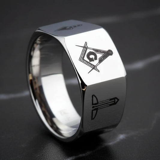 Silver Tungsten Carbide Masonic Ring