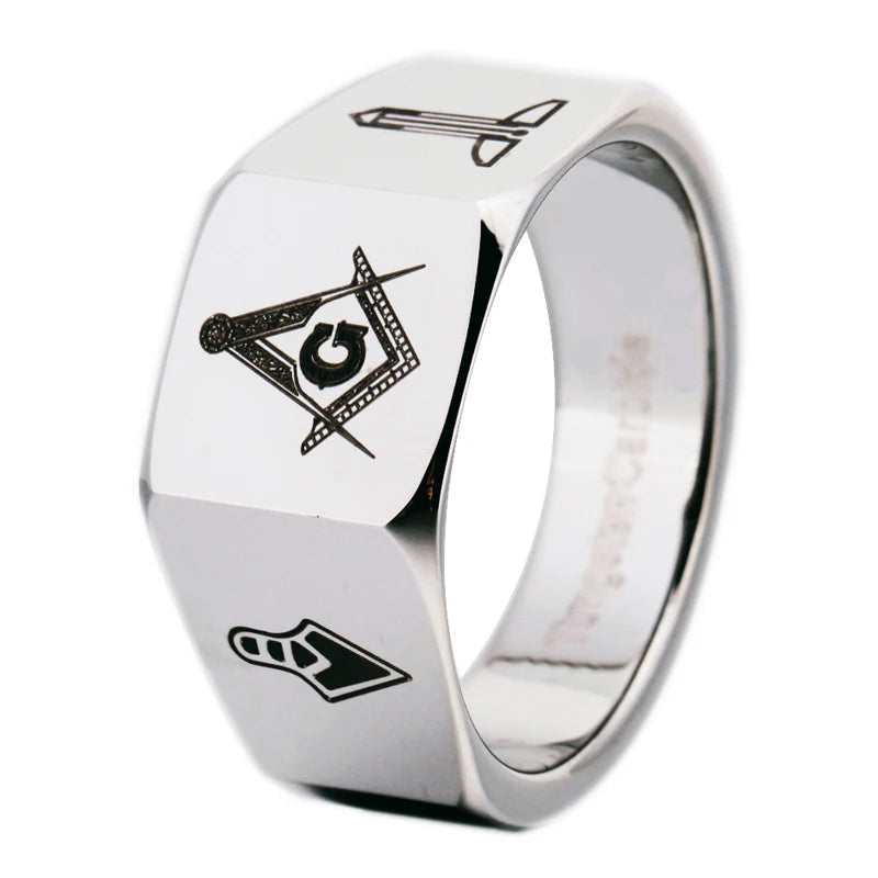 Silver Tungsten Carbide Masonic Ring