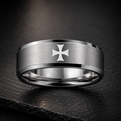 Silver Tungsten Cross Ring for Men