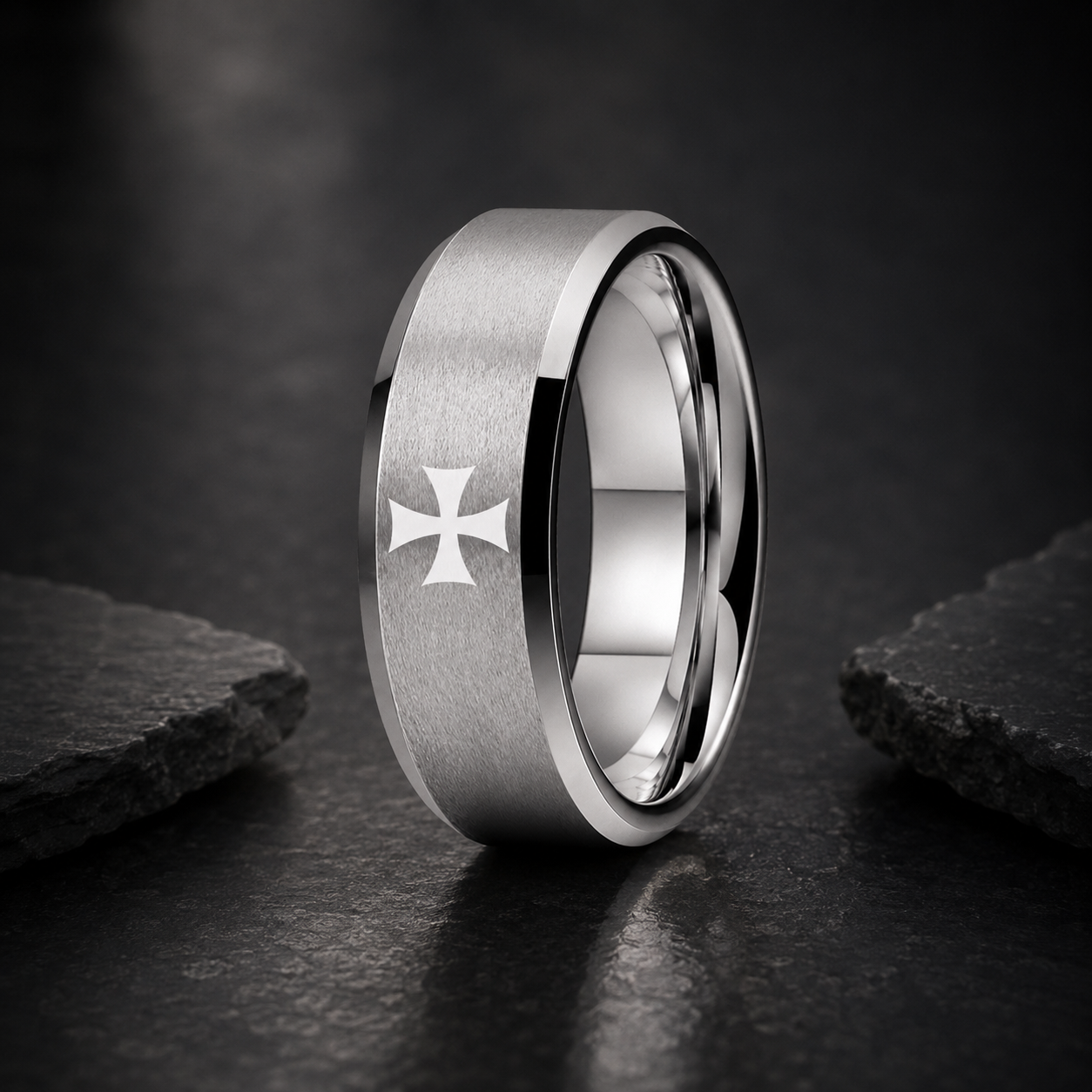 Silver Tungsten Cross Ring for Men